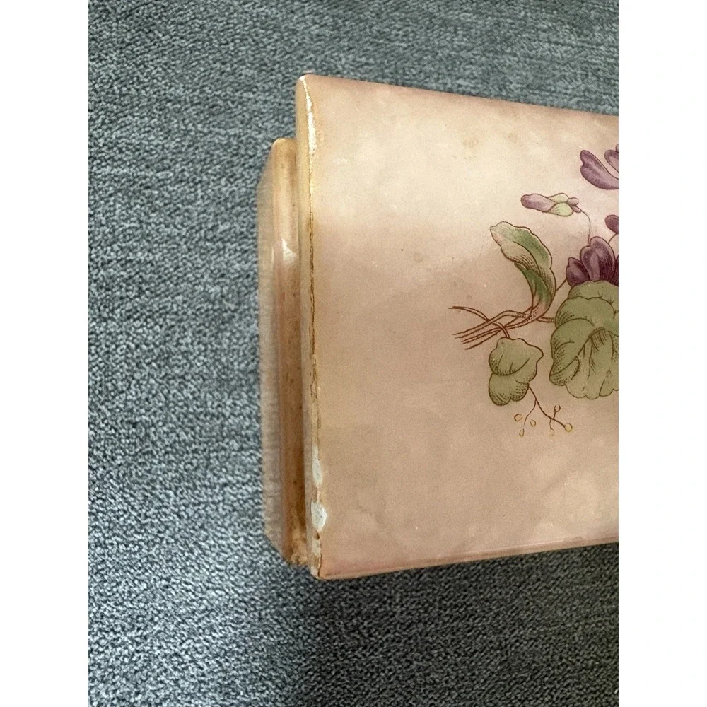 Vintage‎ Italian Pink Alabaster Jewelry Trinket Box Painted Floral Lid Italy
